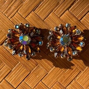 Vintage Flower Shaped Clip On Costume Jewelry Earrings - Orange & Blue Stones